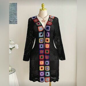 Black Crochet Long Cardigan with Multicolor Squares
